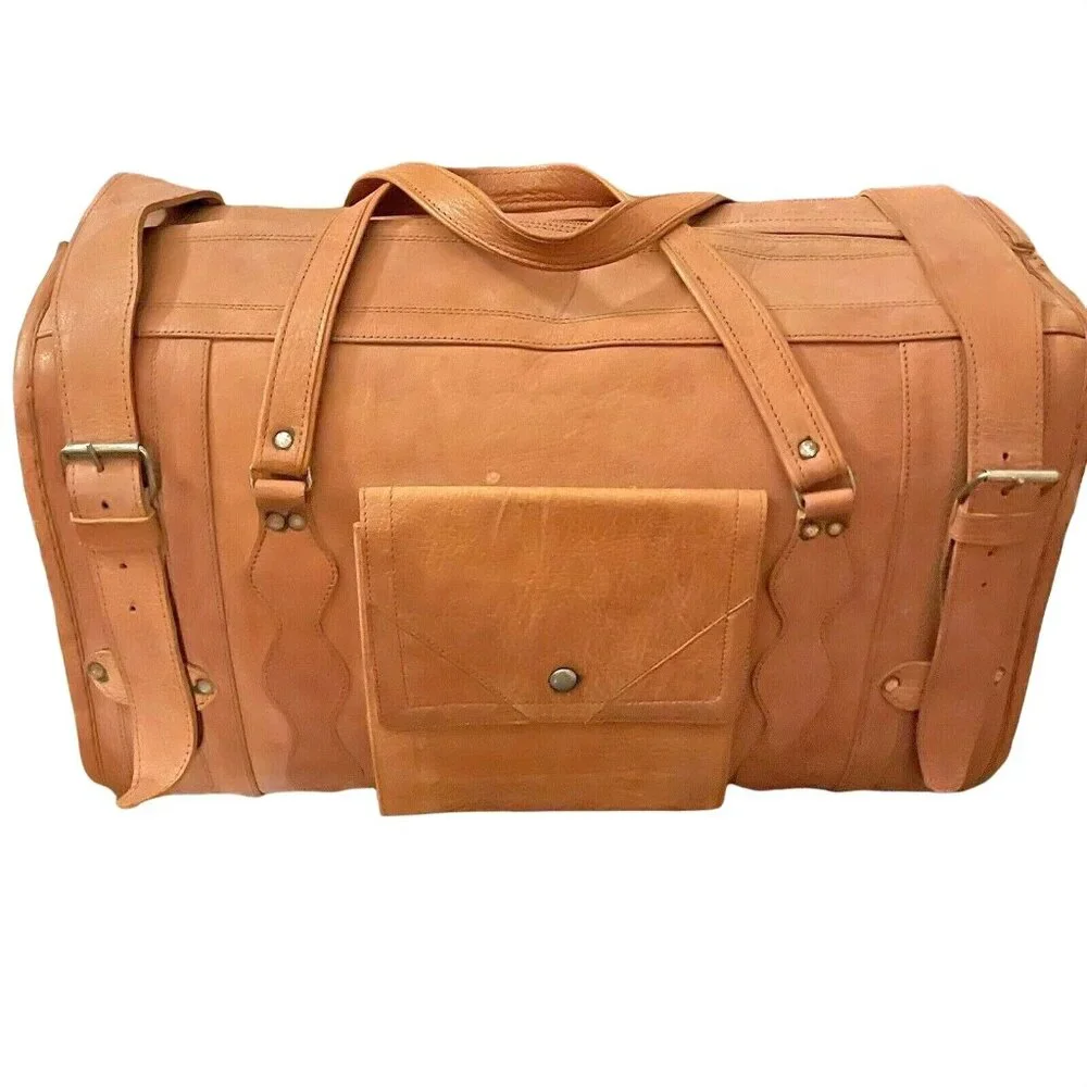 Vintage Tan Leather Duffel Bag Rustic Travel Weekender Overnight Luggage u